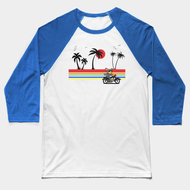 Dog riding a motorcycle along the beach with palm trees and a sunset Baseball T-Shirt by Blended Designs